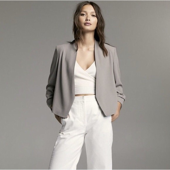 Mint Aritzia Babaton Open Front Power Blazer Crop Ruched 3/4 Sleeve Gray sz 8